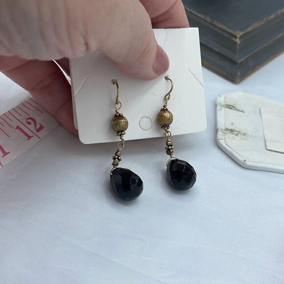 Vintage 14K GF dangle drop black Tourmaline earrings - Picture 7 of 8